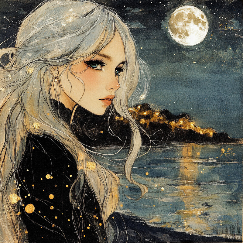 A woman with long hair gazes at the moon over a body of water, surrounded by a serene and enchanting scene.