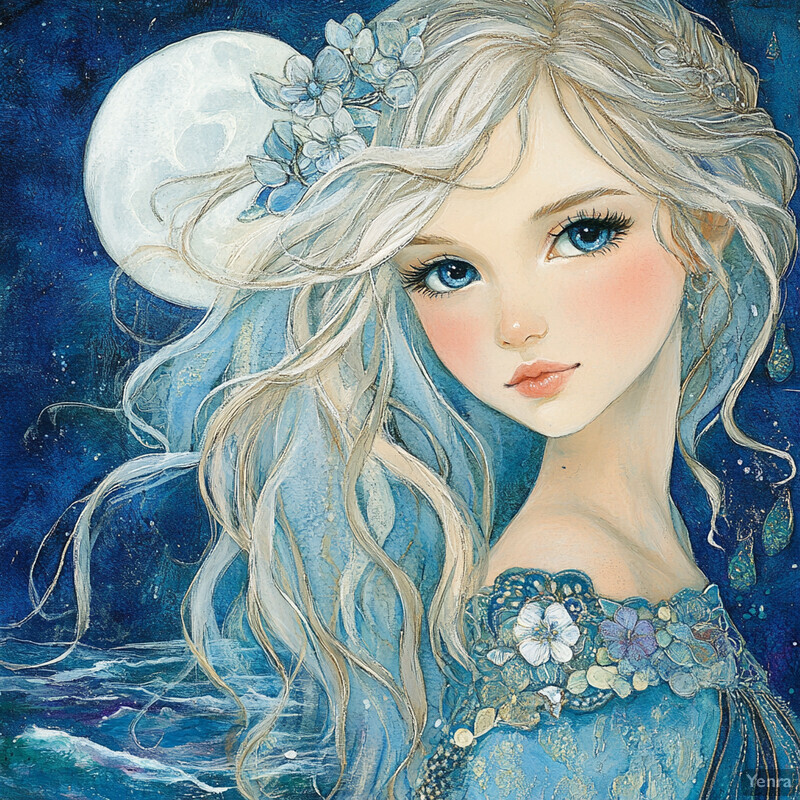 A serene and mystical scene featuring a woman with long hair and a blue dress, gazing at the moon in the night sky.