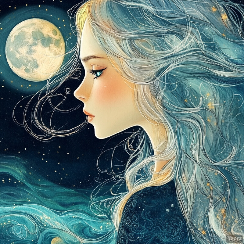 A serene and enchanting scene of a woman gazing at the moon