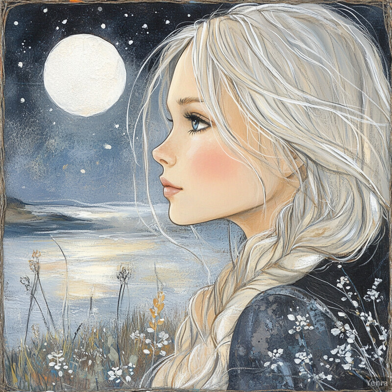 An illustration of a woman gazing at the moon in an outdoor setting