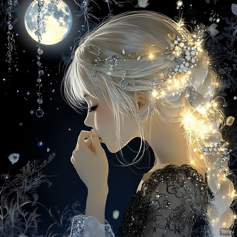 A woman with white hair and black dress stands in a forest, gazing up at the moonlit sky.