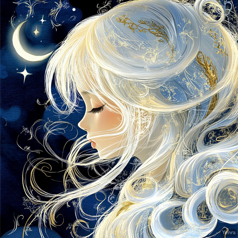 A woman with long, flowing hair gazes up at the moon