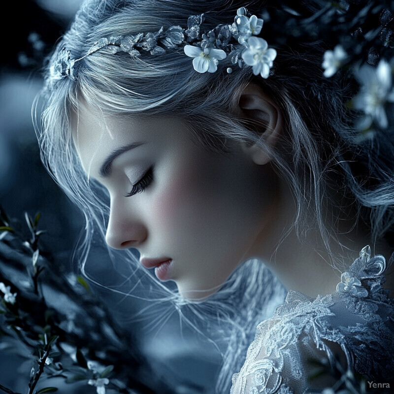 A young girl with long blonde hair and a silver circlet featuring white flowers and leaves, lost in thought or contemplation, wearing a light blue dress with lace trim.