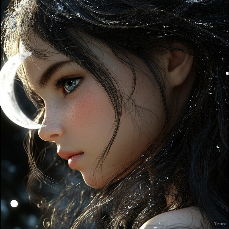 A young woman with long dark hair and pale skin gazes to her right, lost in thought.