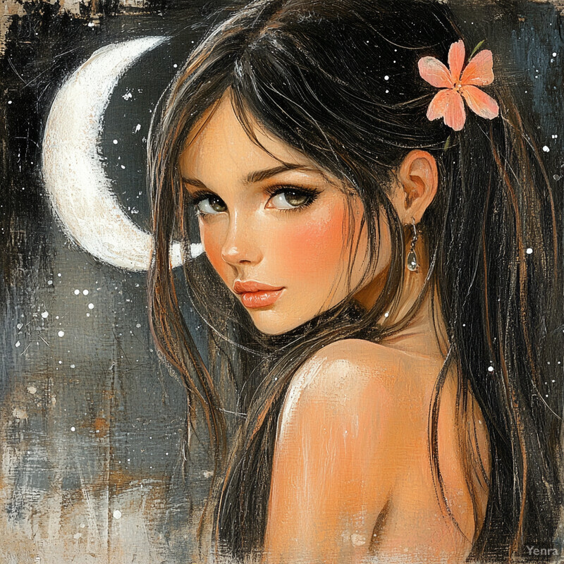 A young woman with long dark hair and a flower in her hair gazes upwards at the moon.