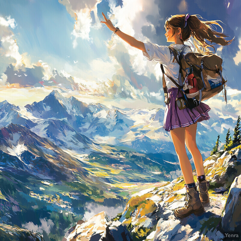 A young woman stands on a mountain peak, gazing out at a breathtaking vista of snow-capped mountains under a brilliant blue sky.