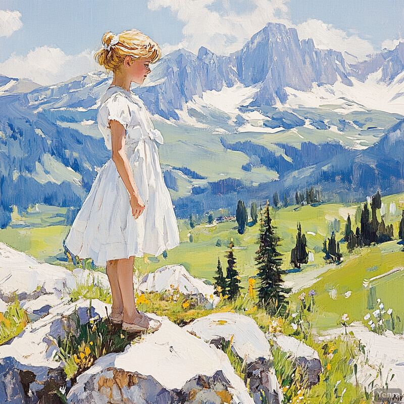 A young girl gazes out at a mountain landscape from a rocky outcropping.