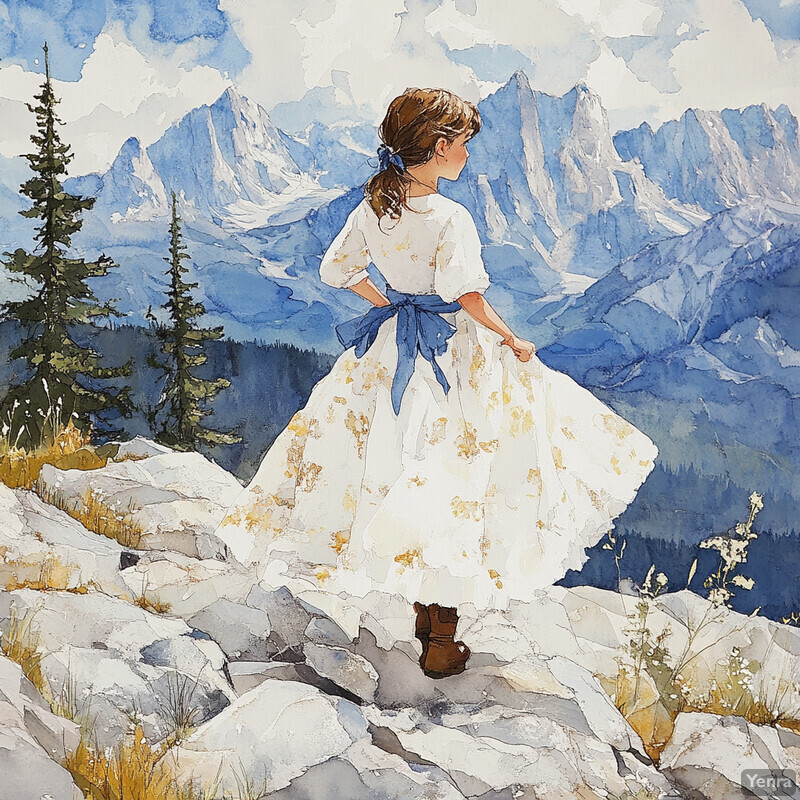 A young girl stands on a rocky outcropping in front of a majestic mountain range.