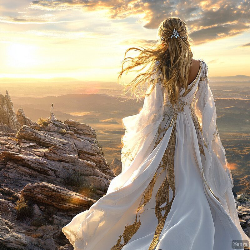 Woman in white dress standing on rocky outcropping