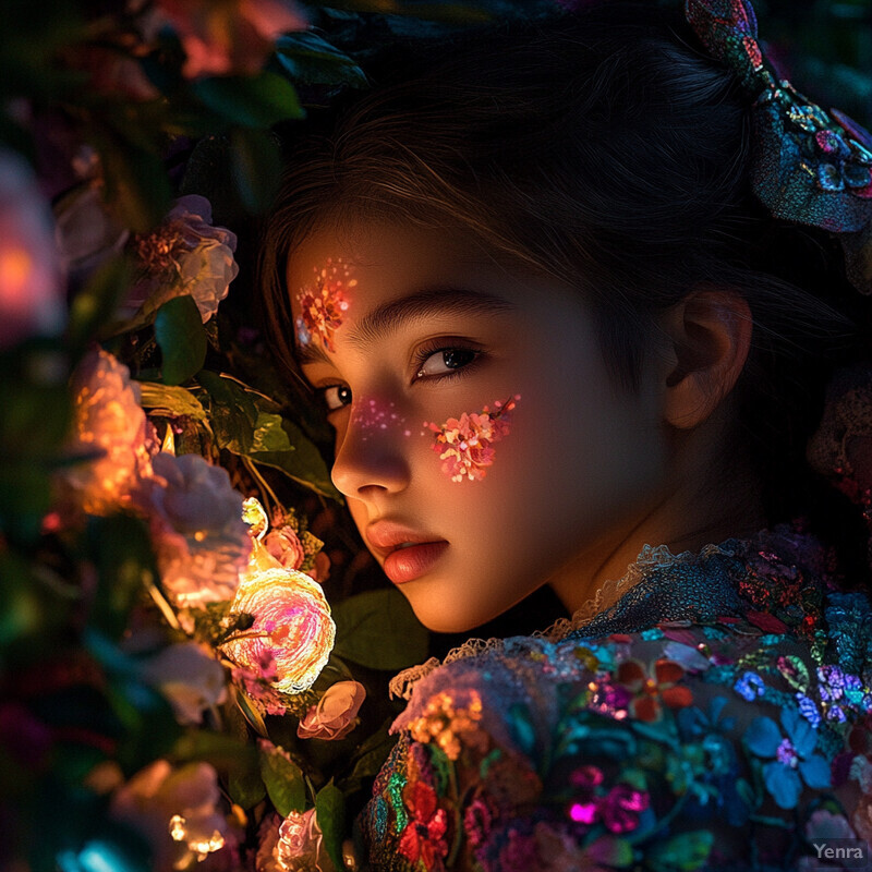 A young girl with an ethereal glow on her face and in her hair, surrounded by lush greenery.