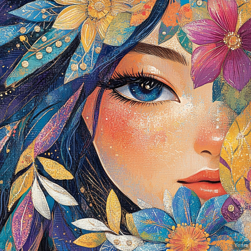 A close-up portrait of a woman's face surrounded by vibrant flowers and leaves, showcasing a blend of impressionistic colors and delicate features.