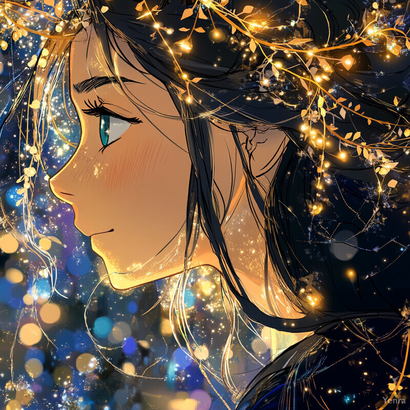 Anime-style woman with golden vines and leaves in her hair