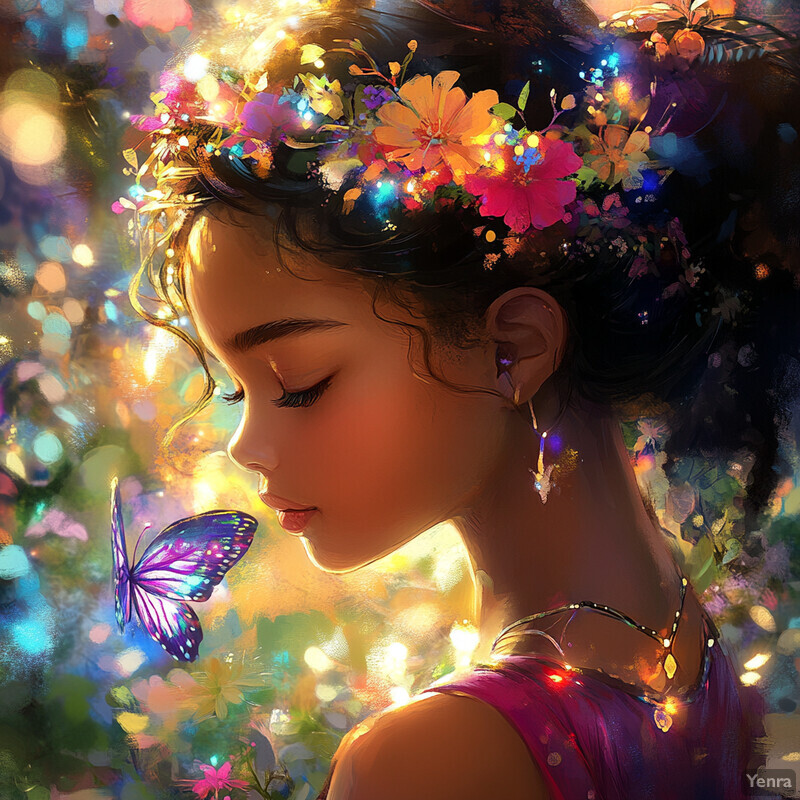 A serene digital painting of a woman with flowers in her hair, looking at a purple butterfly in a garden or forest setting.