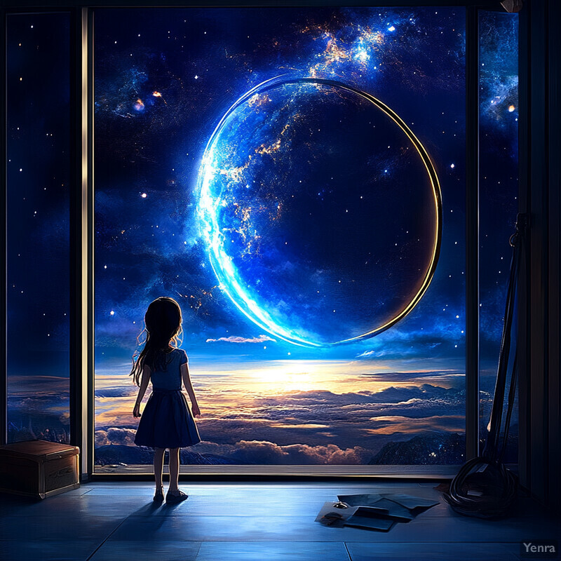 A young girl stands in front of an open window, gazing at the vibrant view outside.