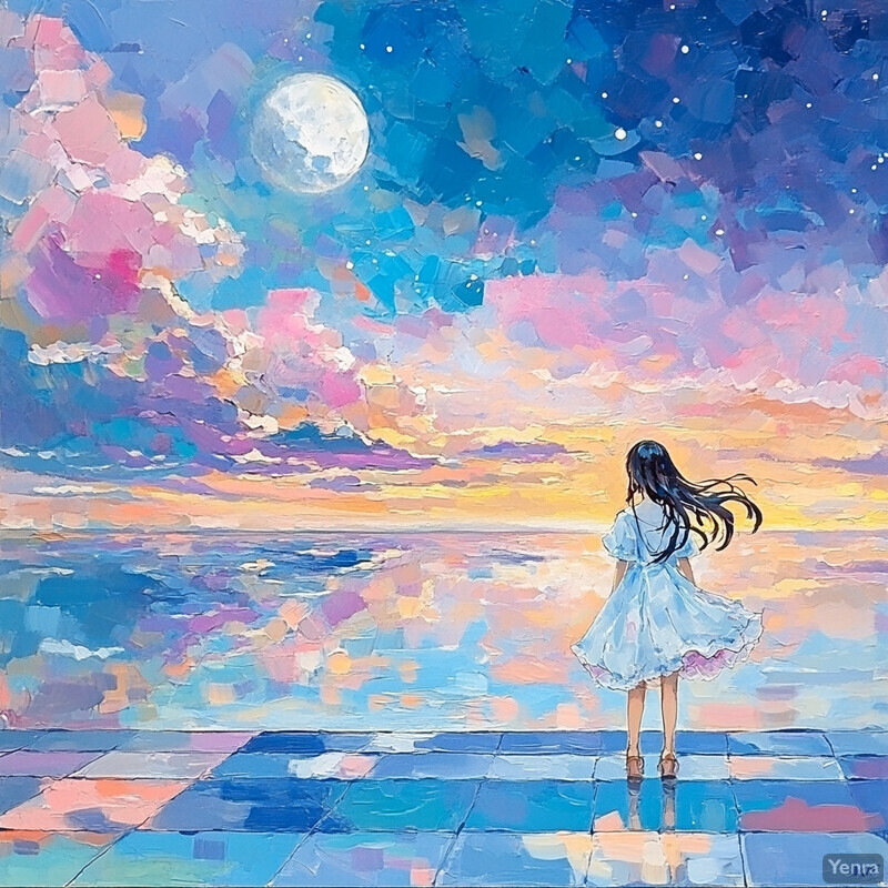 A young girl stands on a tiled floor, gazing out at a sunset over an ocean.