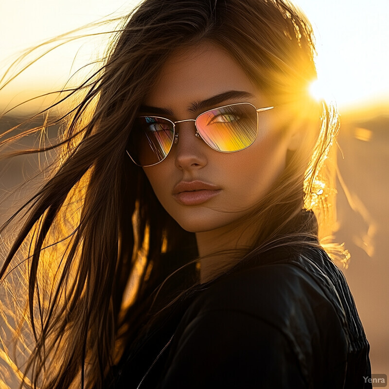 A young woman with long brown hair poses for a photo shoot or portrait session, wearing sunglasses and a black leather jacket.