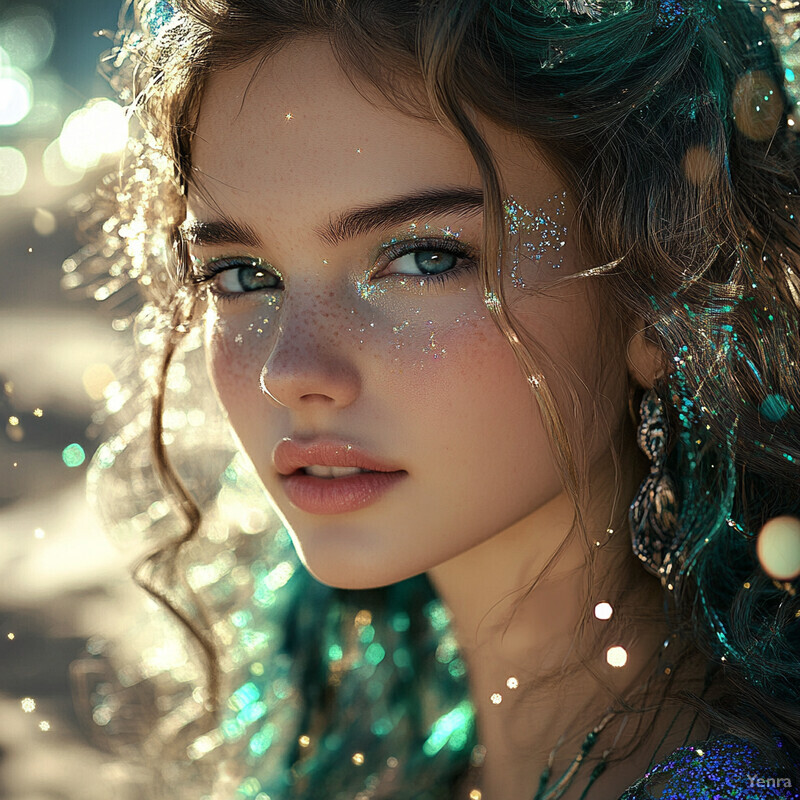 A young woman with fair skin and long brown hair, adorned with glittery makeup, posing in an outdoor setting.