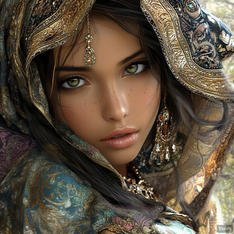 A woman in traditional Middle Eastern attire poses for a photograph.