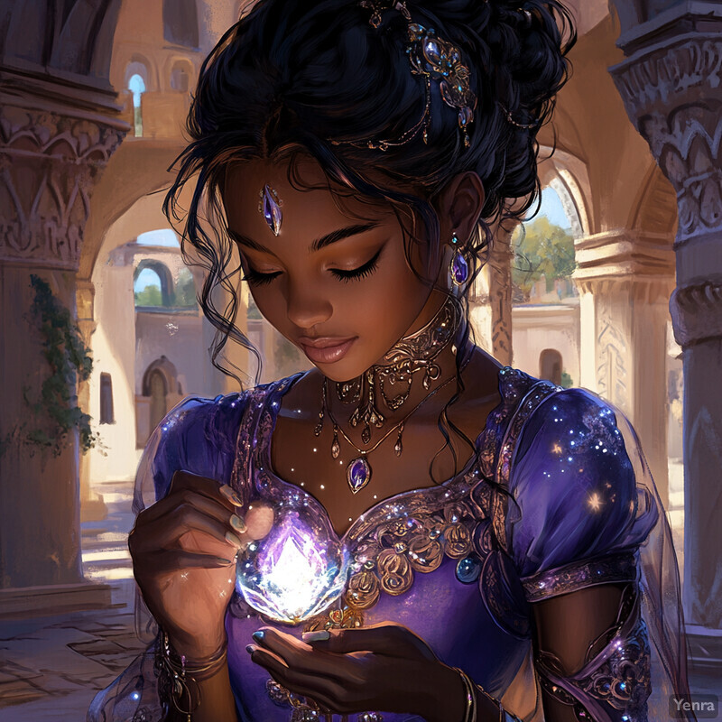 A woman with dark skin and long black hair styled in an updo, adorned in purple attire and jewelry featuring gemstones, gazing down at her hands holding a radiant crystal ball that emits a bright white light.