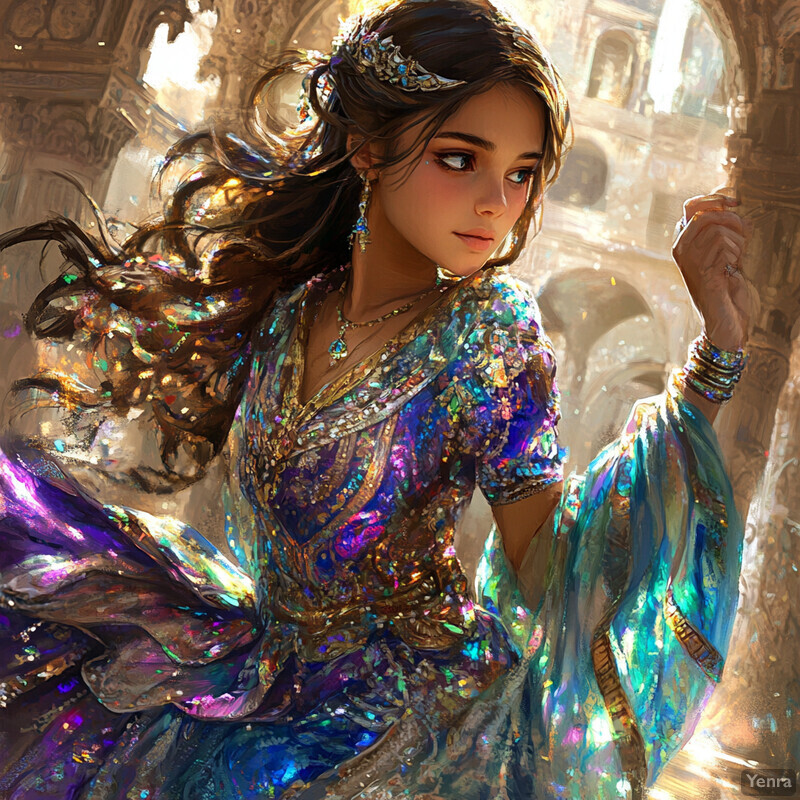 A woman in an iridescent dress stands in front of a grand building, exuding mysticism and wonder.