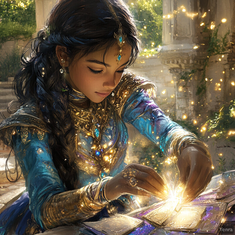 A woman in a blue and gold dress sits at a table surrounded by cards and lights, exuding an air of mysticism and enchantment.