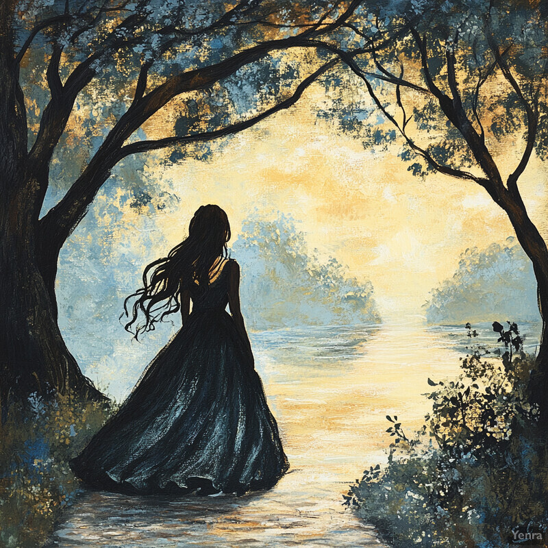 A woman in a long dress stands on a path surrounded by trees and foliage, set against a misty forest backdrop with a warm yellow sky.