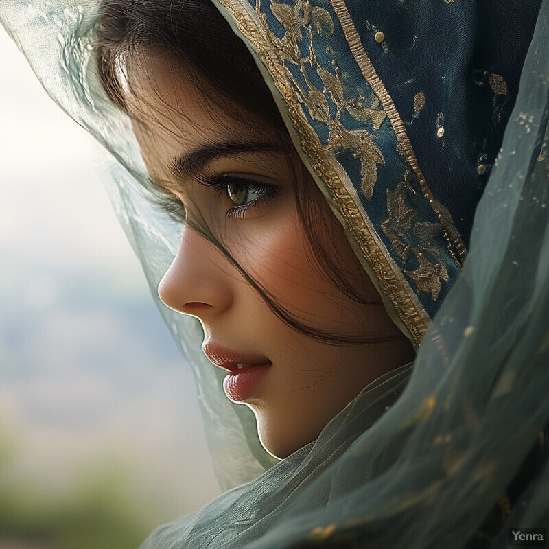 A woman with fair skin and dark hair wears traditional Indian attire, including a headscarf or dupatta embroidered with gold thread, and is complemented by jewelry and a bindi on her forehead.