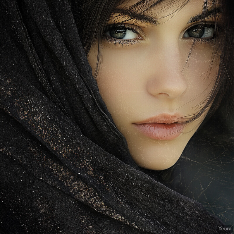 A woman with dark hair covering her face with a black veil gazes directly at the camera.