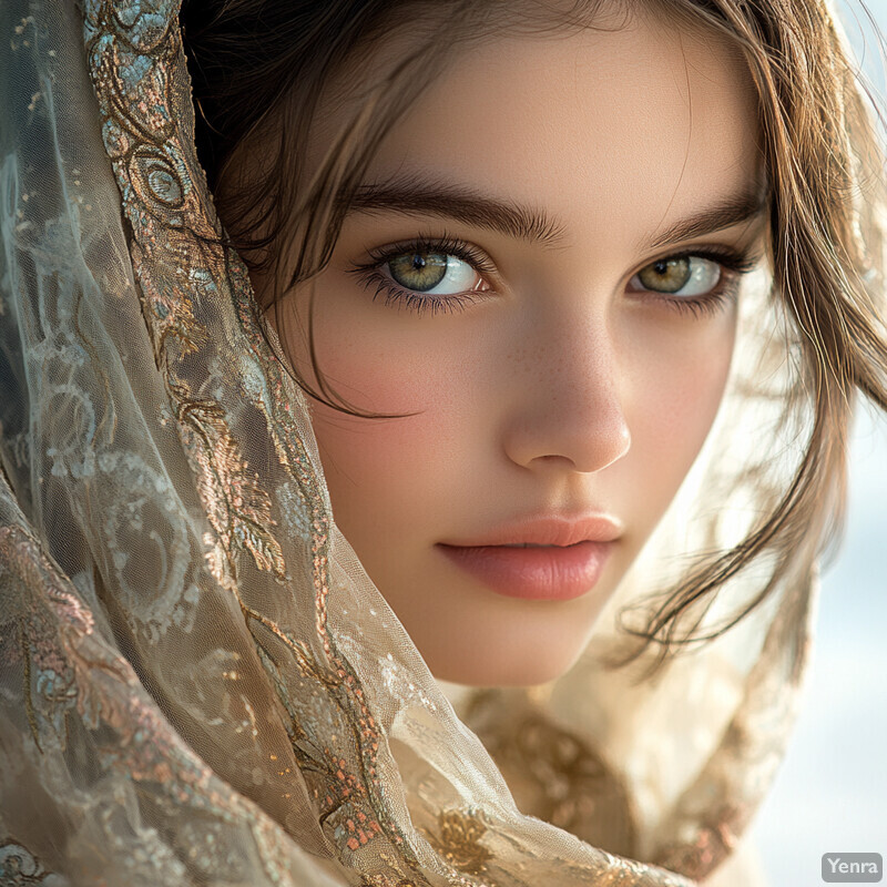 A young woman with fair skin, dark brown hair, and piercing green eyes is captured in a close-up portrait, adorned with a delicate lace headscarf and subtle makeup.