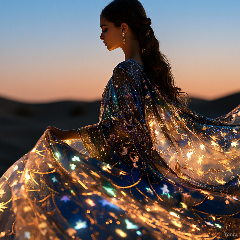 A woman in a stunning gold-embroidered dress poses for a photo shoot, exuding elegance and sophistication.