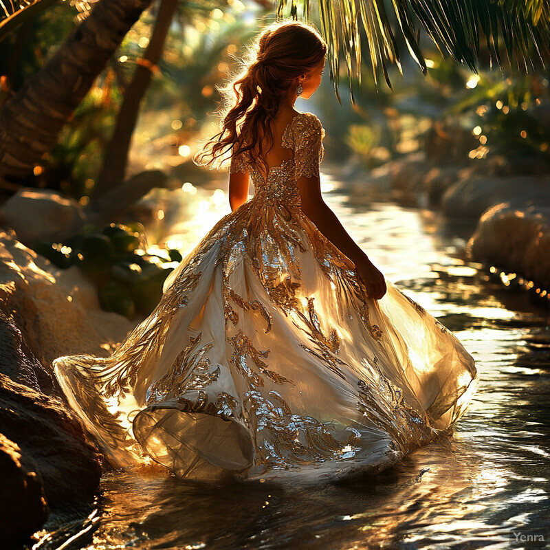 A woman stands on rocks near water, wearing a flowing white dress with gold embroidery.