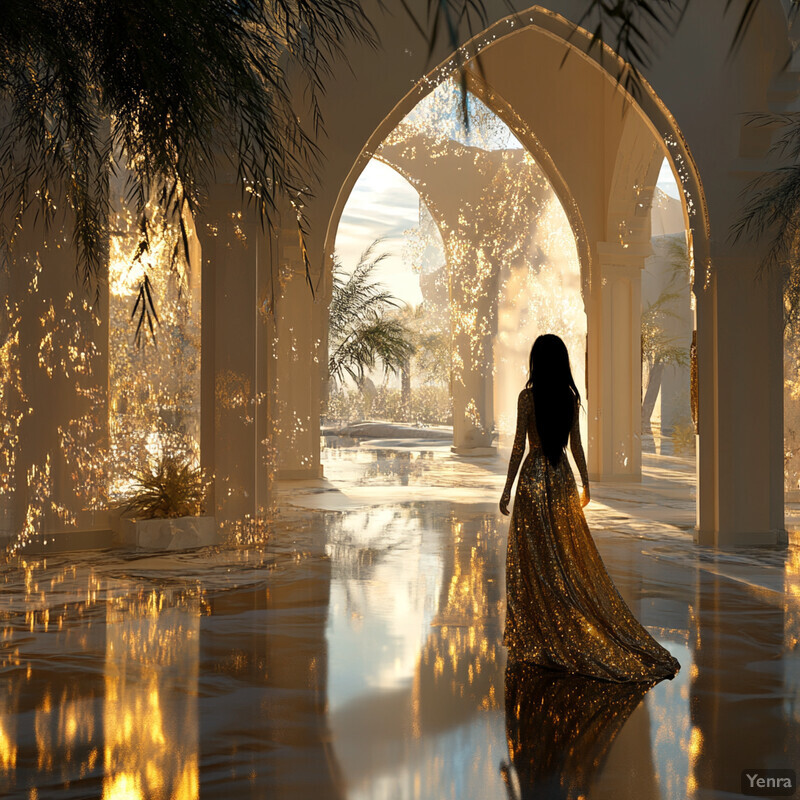 A woman in a gold sequin dress walks through an arched hallway with palm trees in the background.