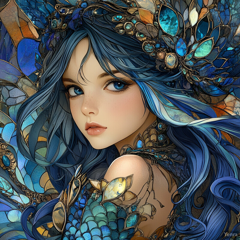 A woman with long blue hair and a matching dress is surrounded by a soft glow, exuding serenity and calmness.