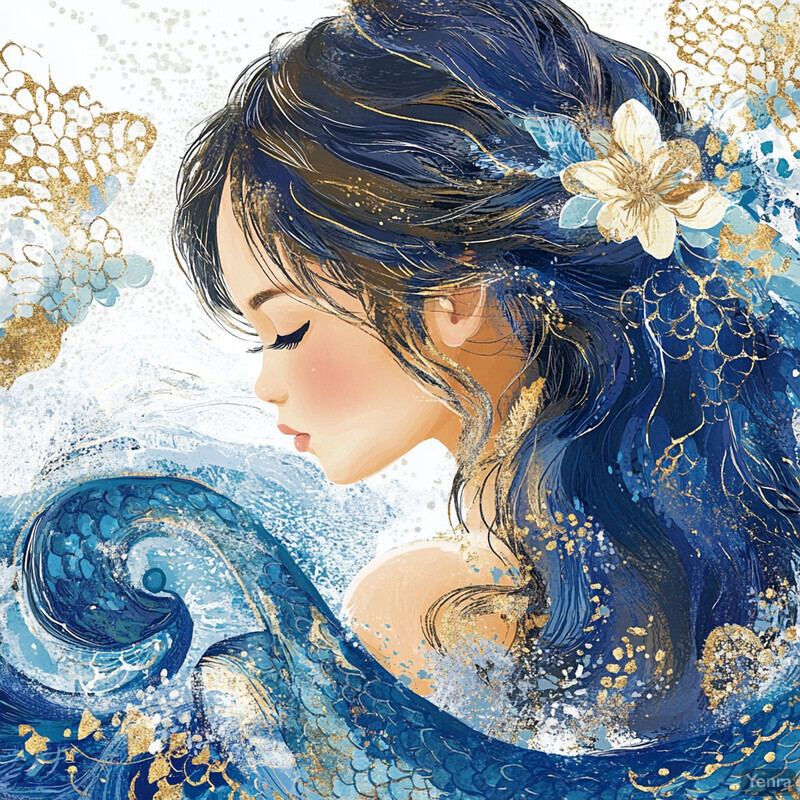 An artistic illustration of an Ocean Siren with flowing dark blue hair and fair skin.