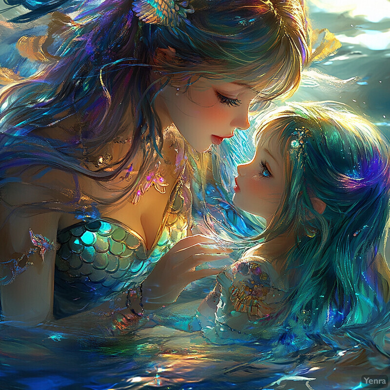 A serene underwater scene featuring a mermaid and a young girl in a loving gaze.