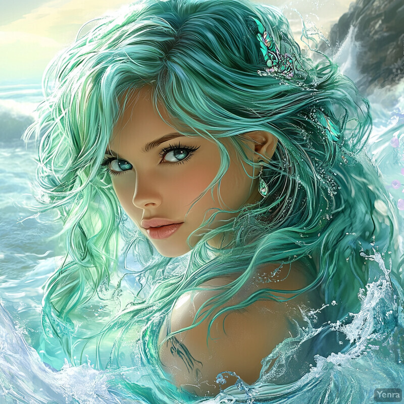 A young woman stands in the shallow water, gazing out at the sea as a wave crashes against the shore behind her.