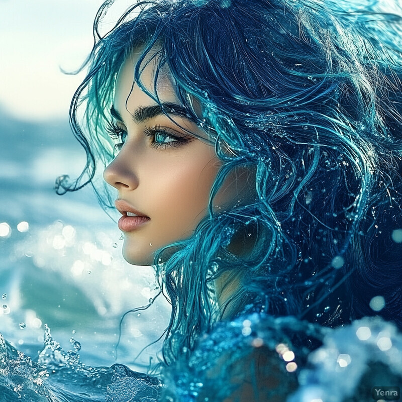 A serene oceanic scene featuring a fair-skinned woman with striking blue eyes and hair gazing out at the waves.