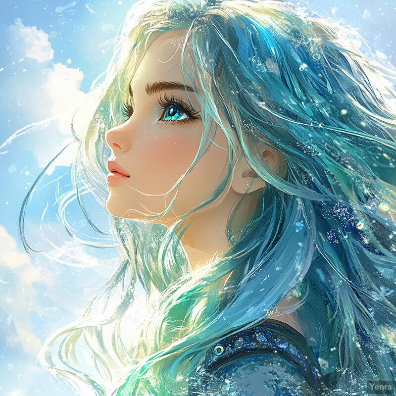 A serene and dreamy illustration of a woman with long, flowing blue hair, gazing upwards towards the top-left corner of the image.