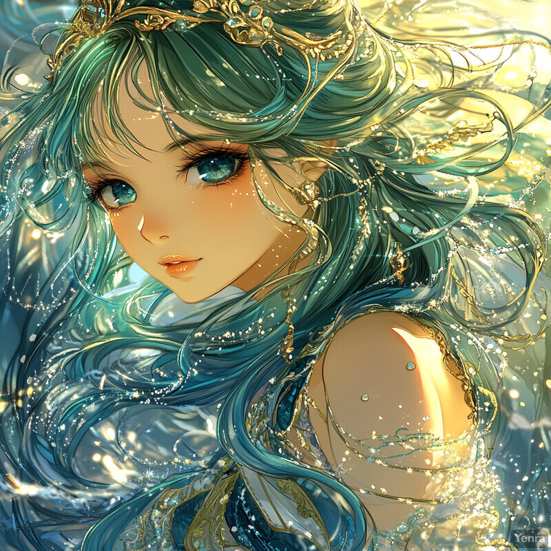 A young girl with flowing blue-green hair and an ethereal aura, reminiscent of a mythical sea siren or mermaid.