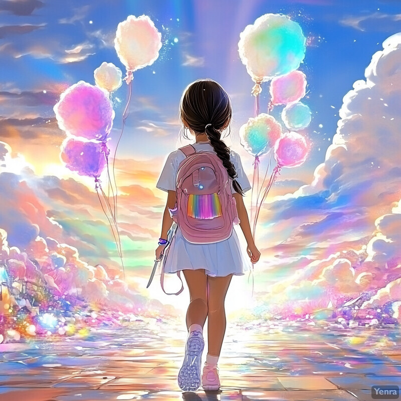 A young girl walks away from the viewer on a path surrounded by pastel-colored clouds and balloons.