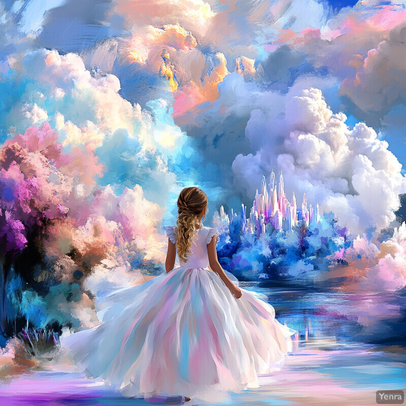 A young girl in a white dress stands on a path leading to a castle in the distance, surrounded by a forest and fluffy white clouds.