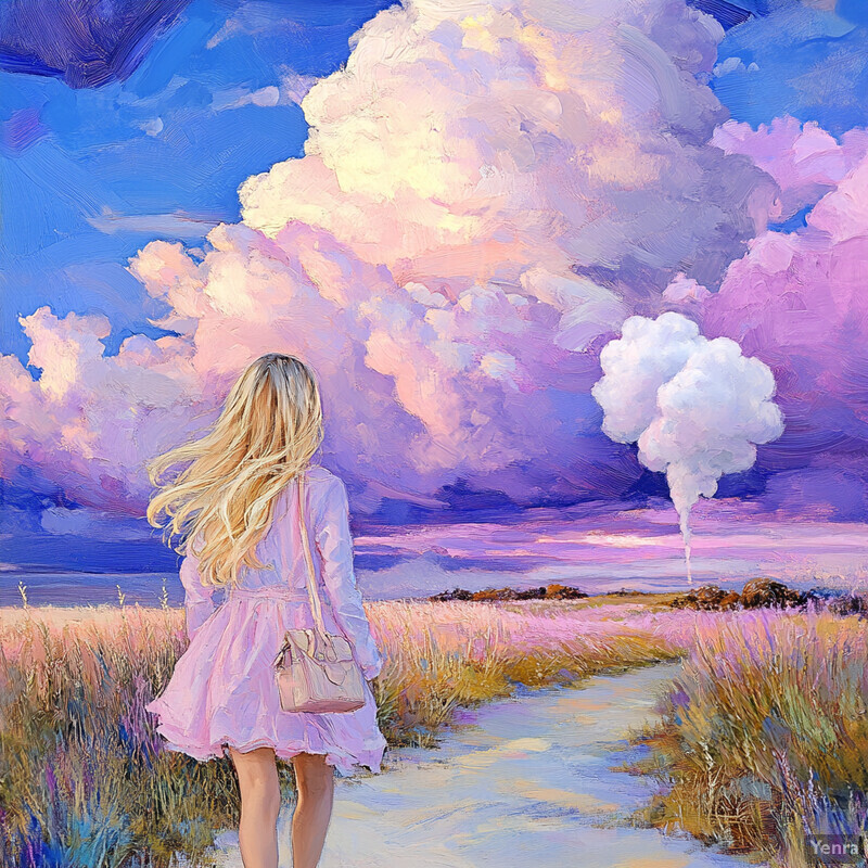 A woman walks through a field of pink flowers towards a mountain range under a blue sky with white clouds.