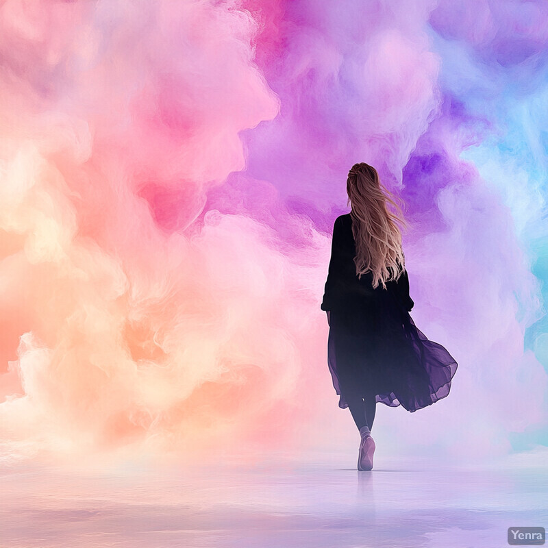 A woman in a black dress walks away from the viewer against a pastel-colored sky with fluffy clouds