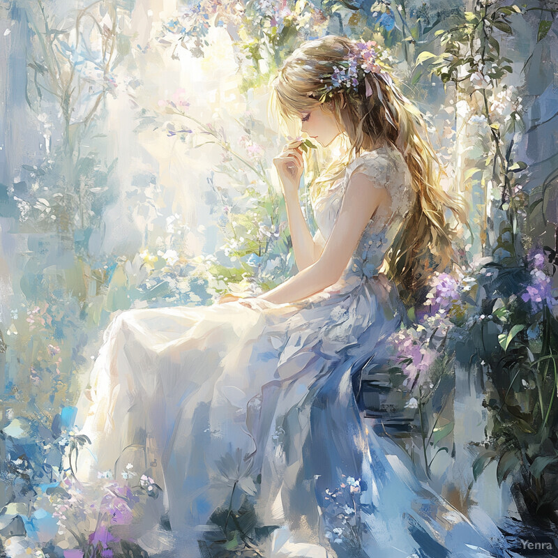 A serene and idyllic scene of a young woman sitting in a lush forest surrounded by vibrant flowers and foliage.