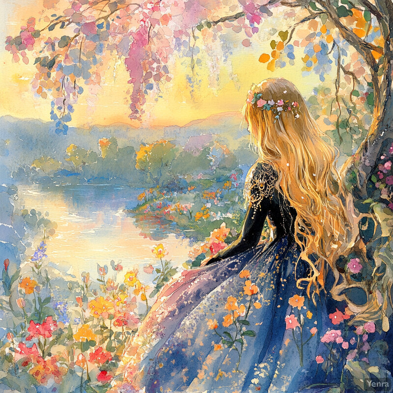 A serene and idyllic scene of a woman gazing out at a tranquil body of water