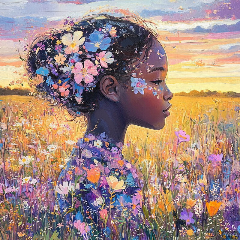 A young girl with dark skin and hair styled in an intricate updo adorned with flowers, set against a colorful background of wildflowers and sky.