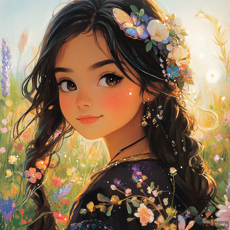 A young girl with long, dark hair adorned with flowers in her hair and on her dress, set against a soft, dreamy landscape.