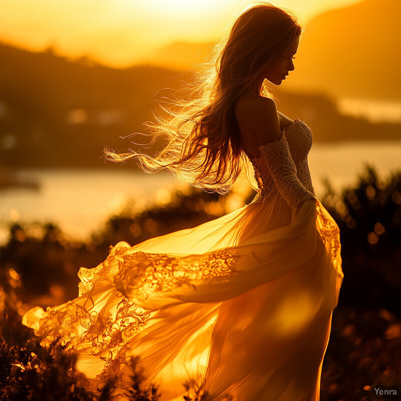 A woman stands in front of a body of water during sunset, wearing a flowing white gown with lace details.