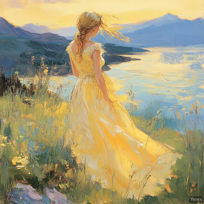 A serene and idyllic scene of a woman standing in a field, gazing out at a mountain range.