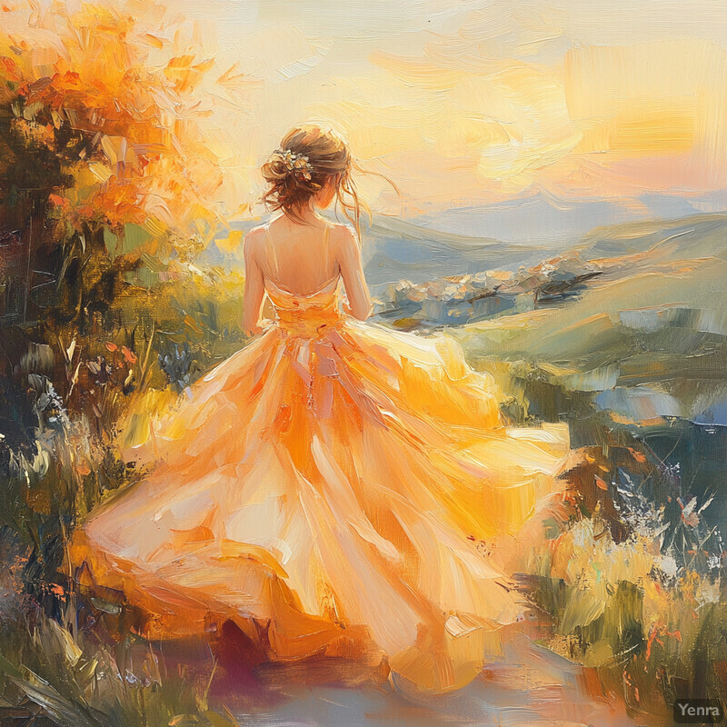 Serene woman in yellow ball gown walking through field at dusk